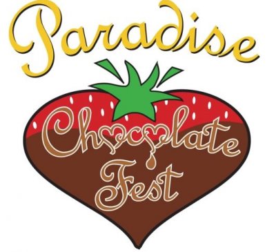 Clip art of strawberry dipped in chocolate with the words, "Paradise Chocolate Fest" overlaid in a cartoonish cursive font Clip art of strawberry dipped in chocolate with the words, "Paradise Chocolate Fest" overlaid in a cartoonish cursive font