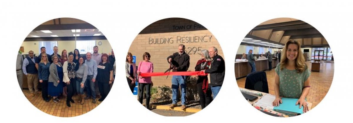 Three side-by-side circular images: group photo of employees (left), ribbon cutting (center), receptionist (right) Three side-by-side circular images: group photo of employees (left), ribbon cutting (center), receptionist (right)